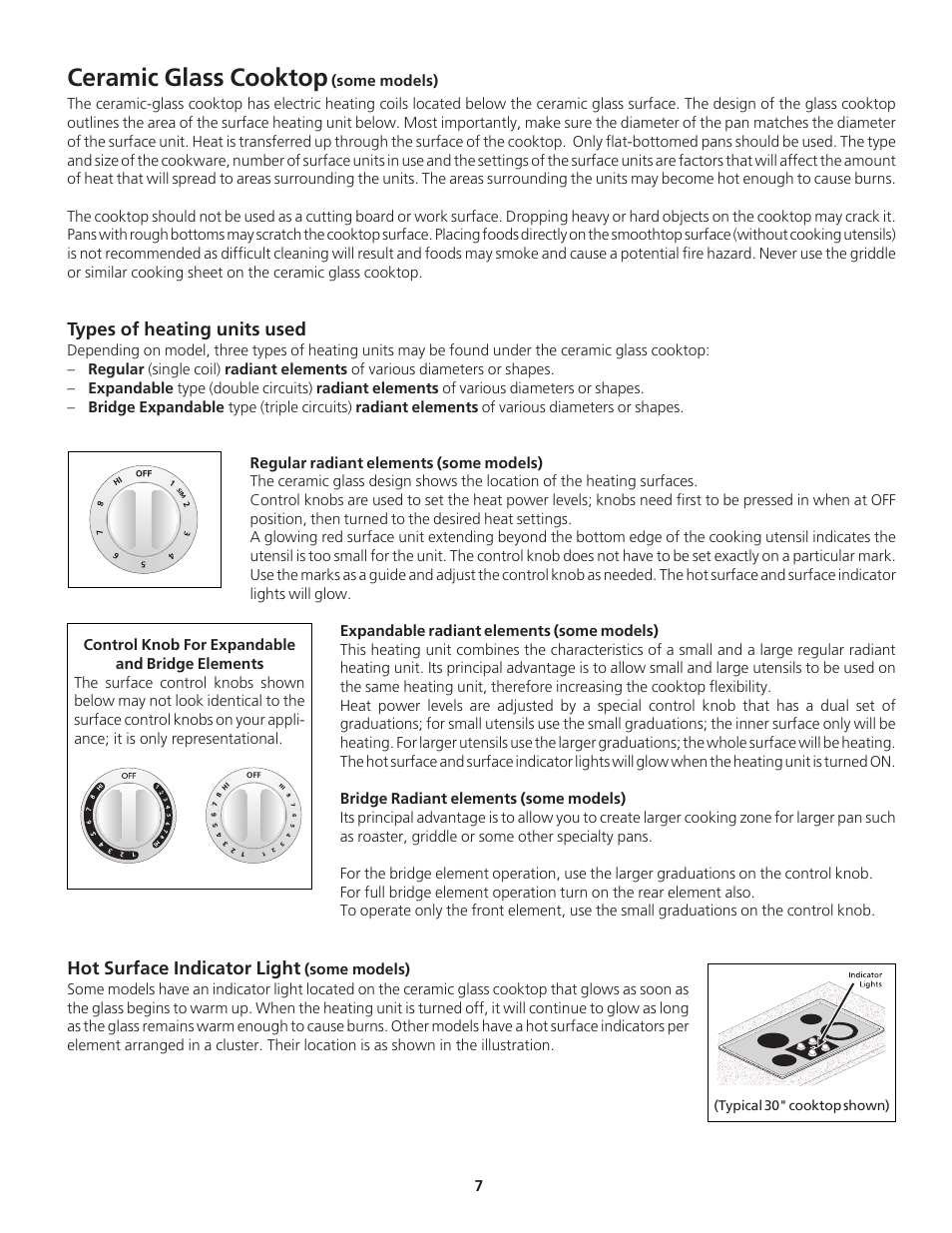 Ceramic glass cooktop, Types of heating units used, Hot surface indicator light | FRIGIDAIRE 318200612 User Manual | Page 7 / 16
