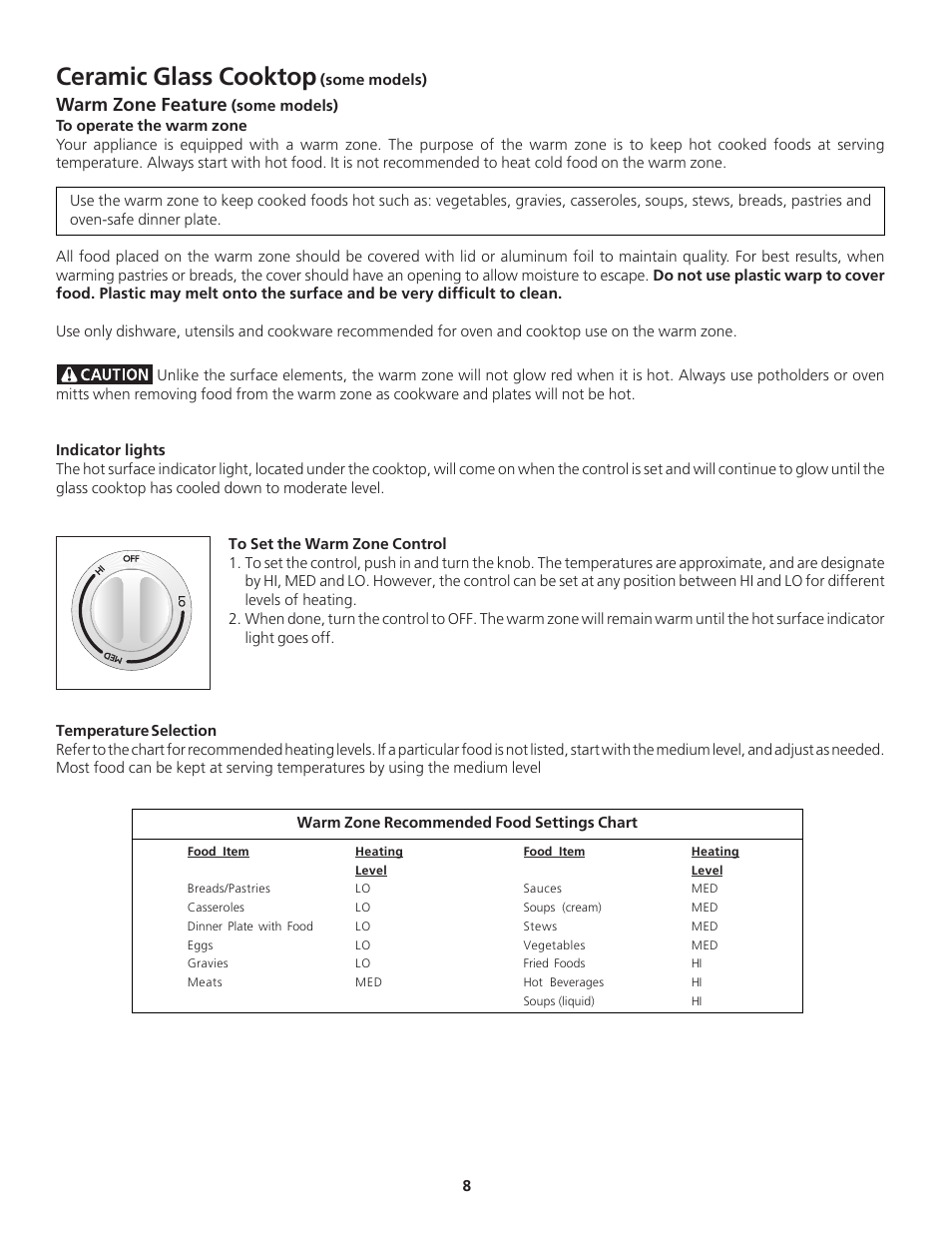 Ceramic glass cooktop, Warm zone feature | FRIGIDAIRE 318200612 User Manual | Page 8 / 16