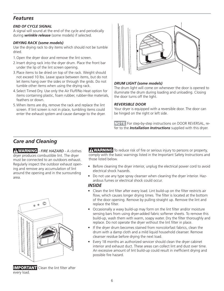 Features, Care and cleaning | FRIGIDAIRE 137196700A User Manual | Page 6 / 11