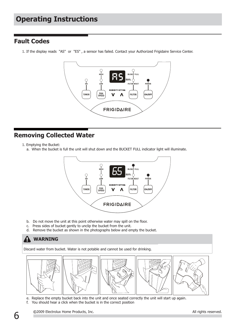 Operating instructions, Fault codes, Removing collected water | FRIGIDAIRE 2020266A0107 User Manual | Page 6 / 10