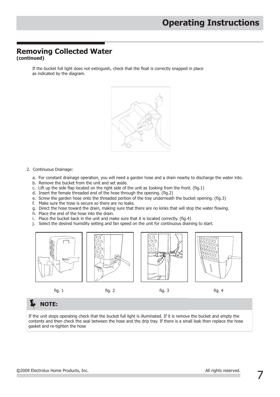 Operating instructions, Removing collected water | FRIGIDAIRE 2020266A0107 User Manual | Page 7 / 10