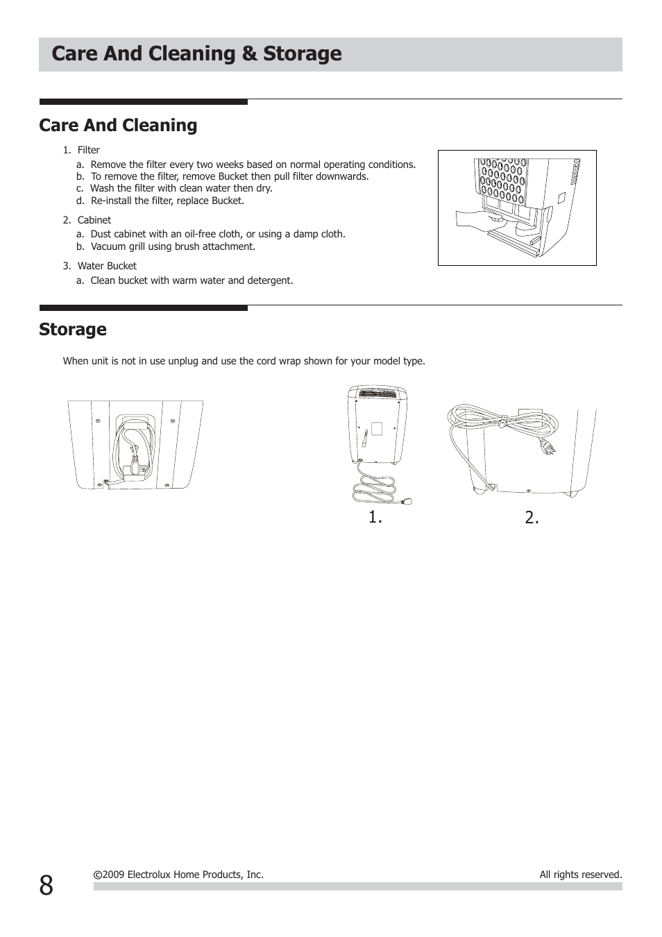 Care and cleaning & storage, Care and cleaning, Storage | FRIGIDAIRE 2020266A0107 User Manual | Page 8 / 10