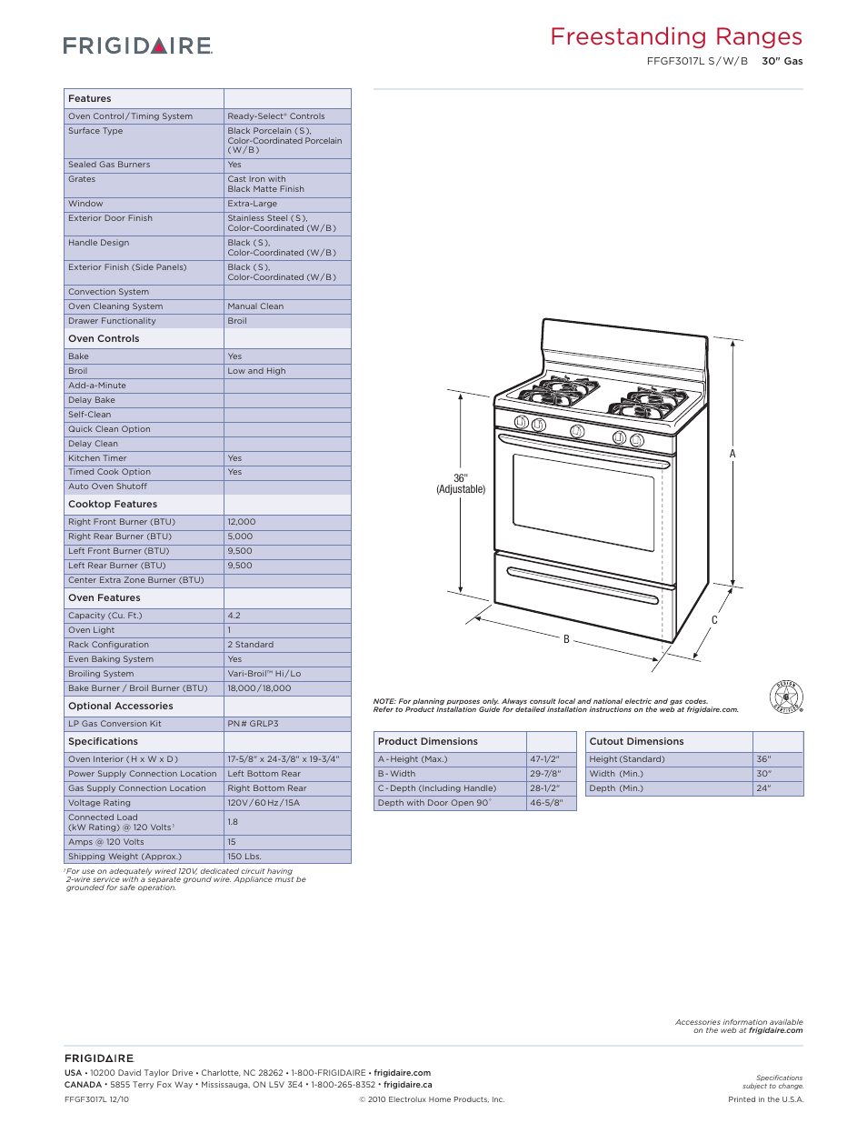 Freestanding ranges | FRIGIDAIRE FFGF3017L User Manual | Page 2 / 4