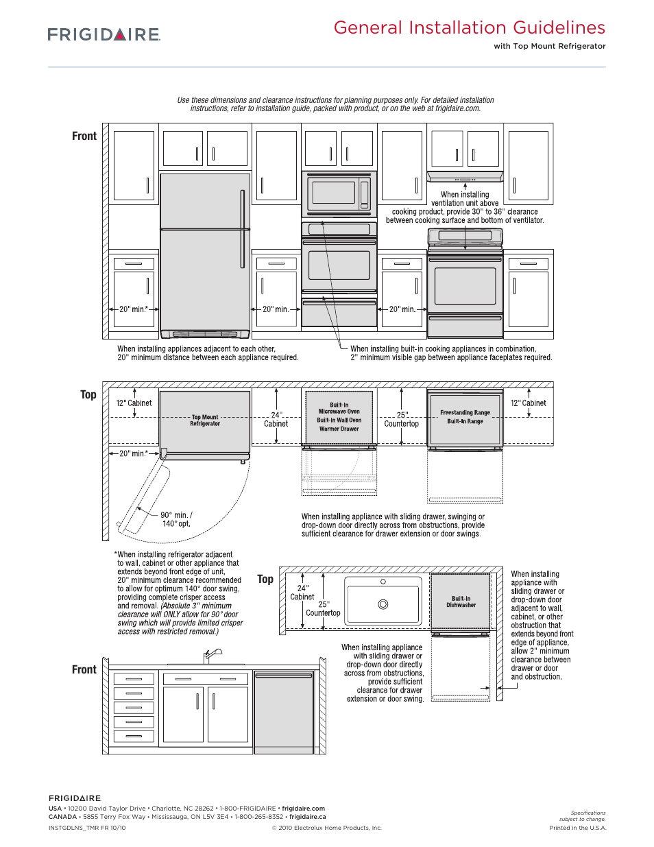 General installation guidelines, Front top front top | FRIGIDAIRE FFGF3017L User Manual | Page 4 / 4