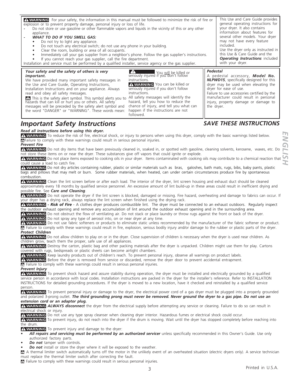 English, Important safety instructions, Save these instructions | FRIGIDAIRE 134674100A User Manual | Page 3 / 6