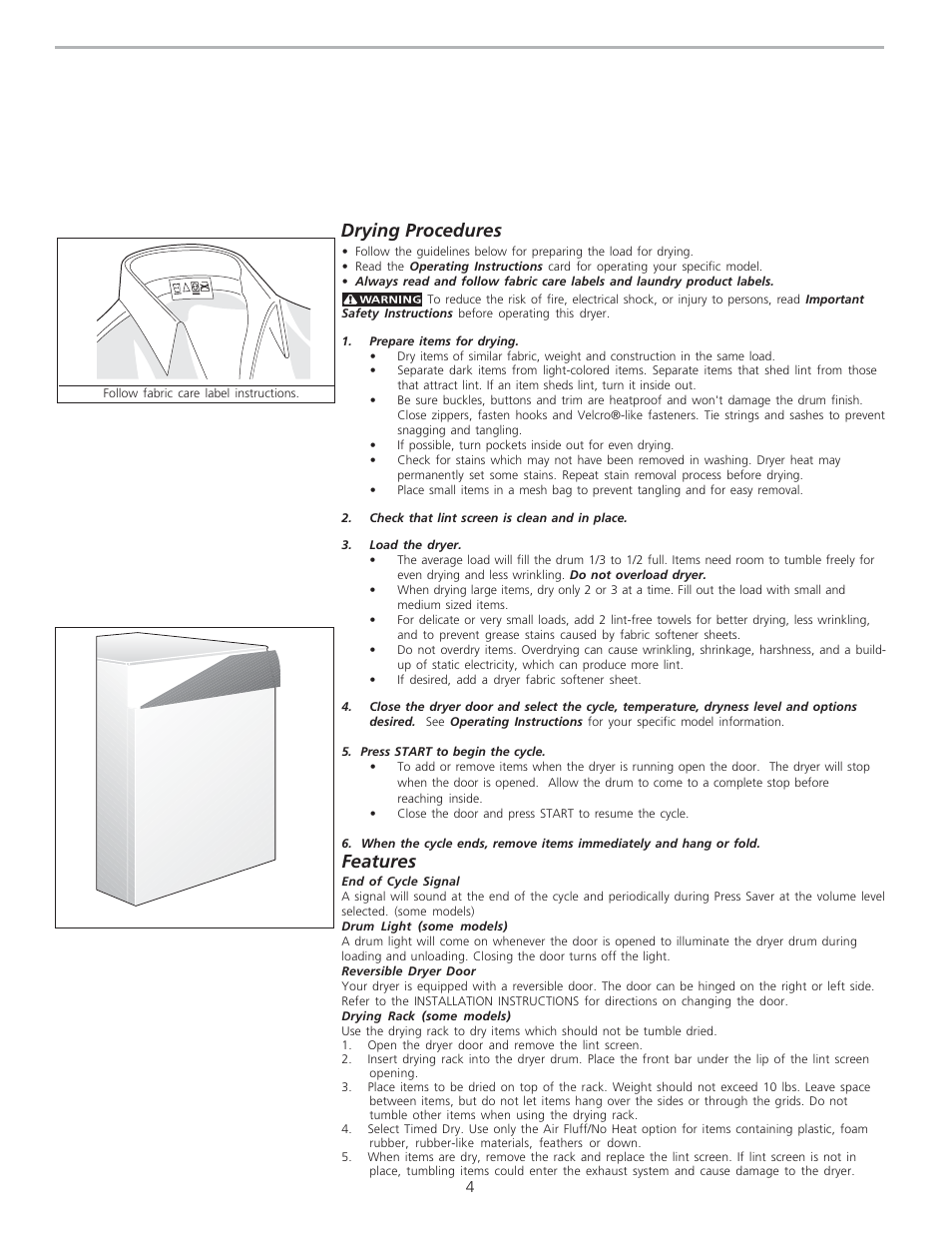 Features, Drying procedures | FRIGIDAIRE 134674100A User Manual | Page 4 / 6