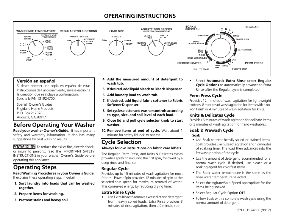 FRIGIDAIRE 131924600 User Manual | 2 pages