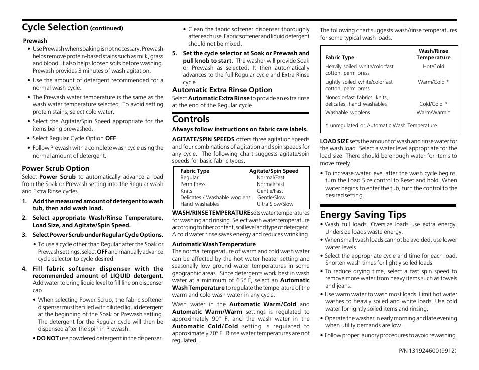 Controls, Cycle selection, Energy saving tips | FRIGIDAIRE 131924600 User Manual | Page 2 / 2