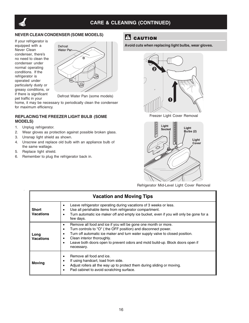 Care & cleaning (continued), Vacation and moving tips | FRIGIDAIRE 240400113 User Manual | Page 16 / 18