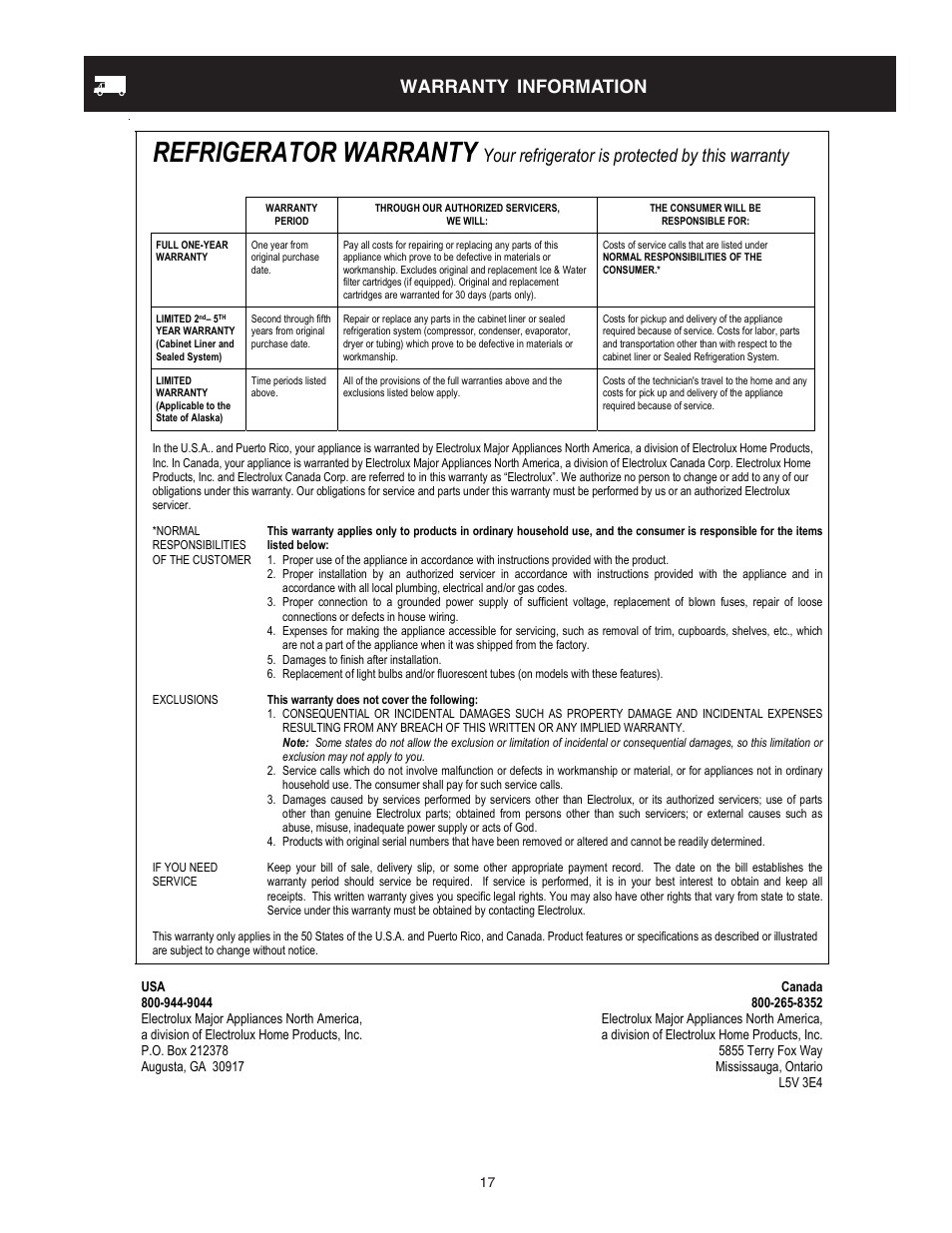 Refrigerator warranty, Warranty information, Your refrigerator is protected by this warranty | FRIGIDAIRE 240400113 User Manual | Page 17 / 18