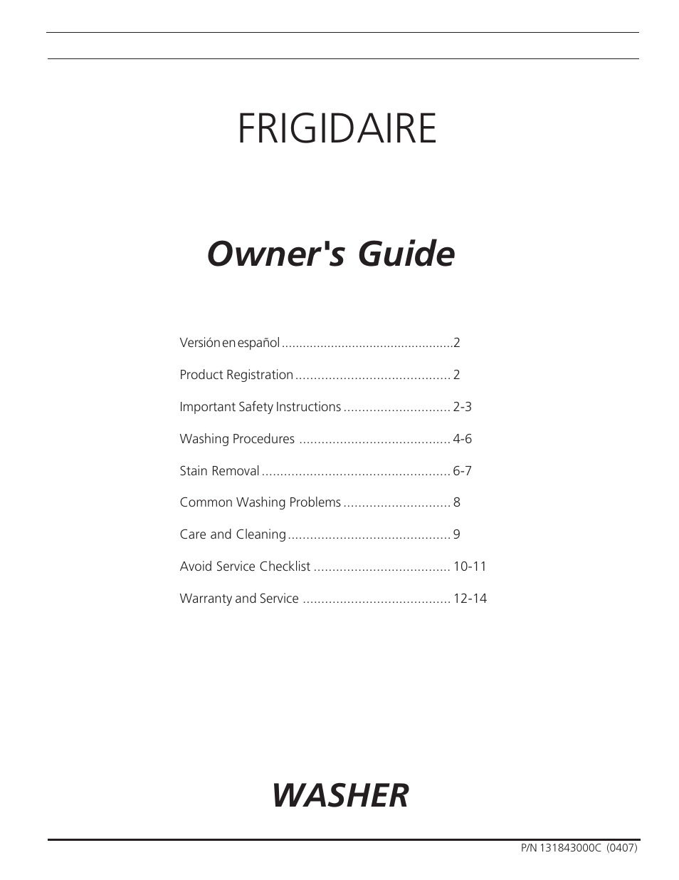 FRIGIDAIRE 131843000C User Manual | 14 pages