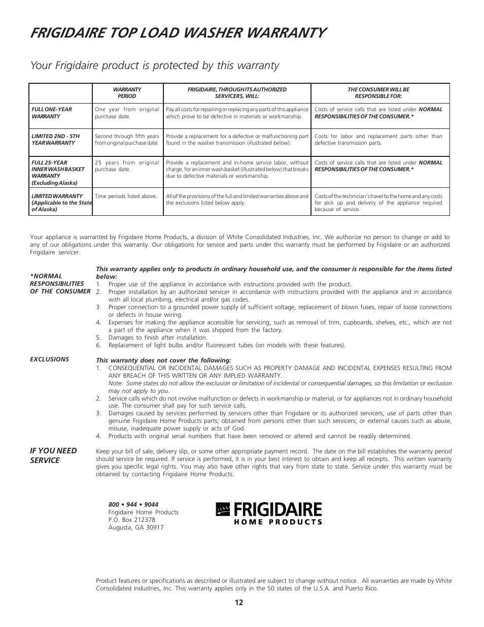Frigidaire top load washer warranty | FRIGIDAIRE 131843000C User Manual | Page 12 / 14