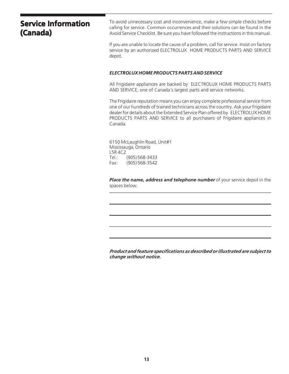 Service information | FRIGIDAIRE 131843000C User Manual | Page 13 / 14