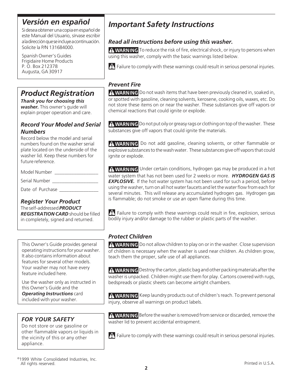 Important safety instructions, Versión en español, Product registration | FRIGIDAIRE 131843000C User Manual | Page 2 / 14