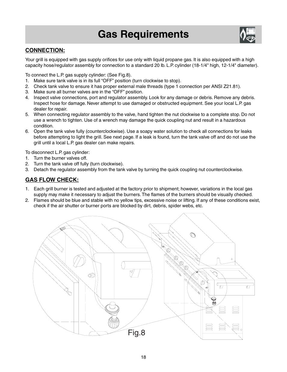 Gas requirements, Fig.8 | FRIGIDAIRE Grill with Electronic Ignition User Manual | Page 10 / 20