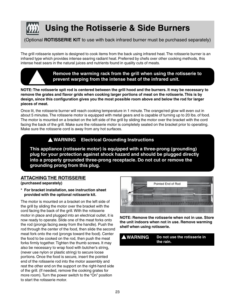 Using the rotisserie & side burners | FRIGIDAIRE Grill with Electronic Ignition User Manual | Page 15 / 20