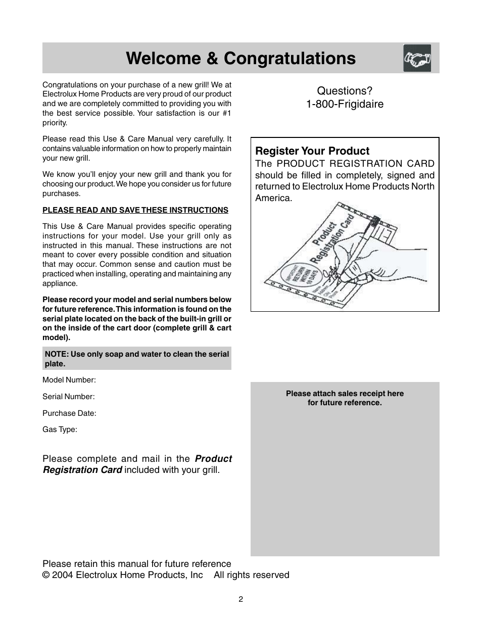 Questions? 1-800-frigidaire, Register your product | FRIGIDAIRE Grill with Electronic Ignition User Manual | Page 2 / 20