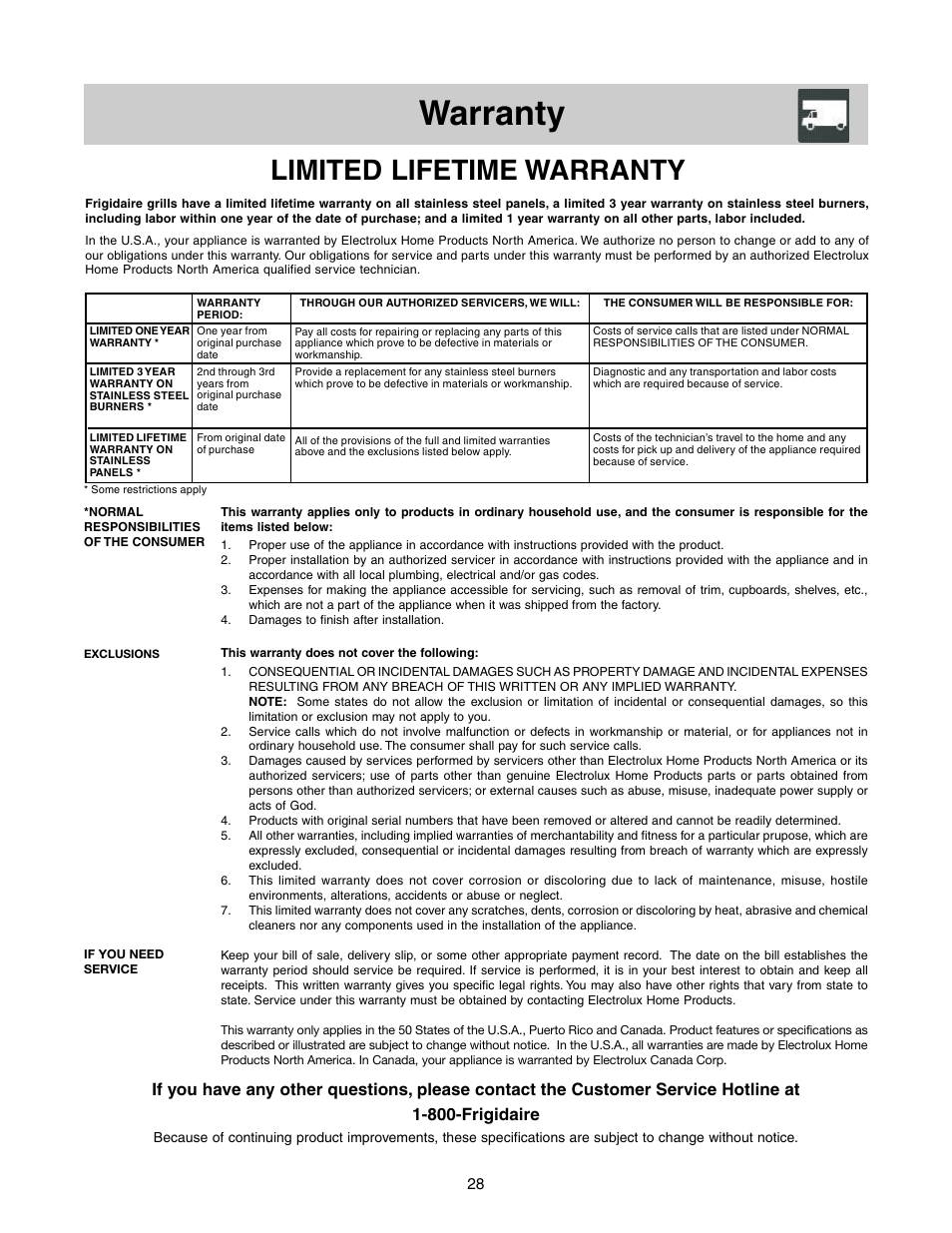 Warranty, Limited lifetime warranty | FRIGIDAIRE Grill with Electronic Ignition User Manual | Page 20 / 20