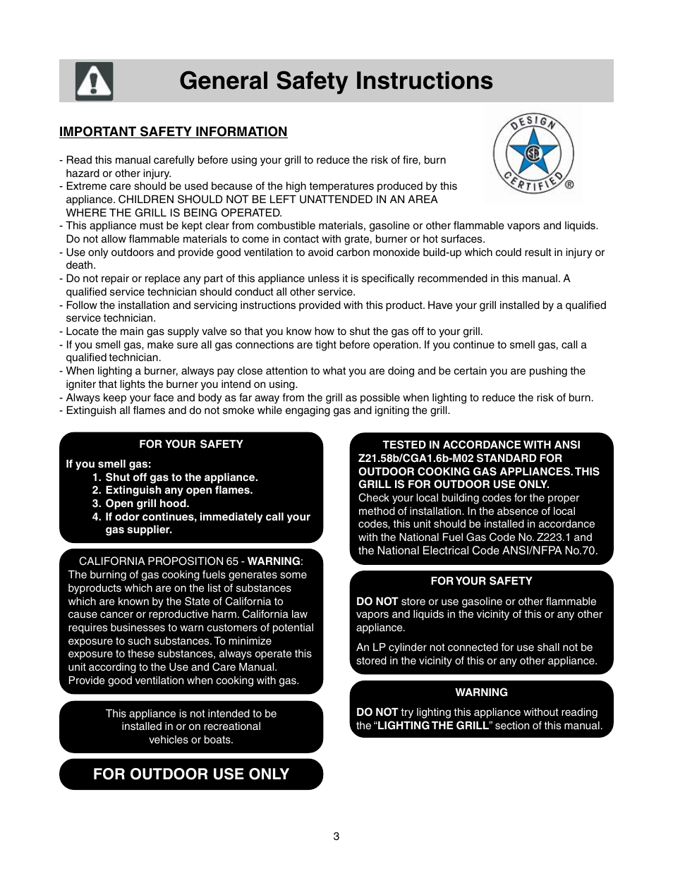 General safety instructions, For outdoor use only | FRIGIDAIRE Grill with Electronic Ignition User Manual | Page 3 / 20