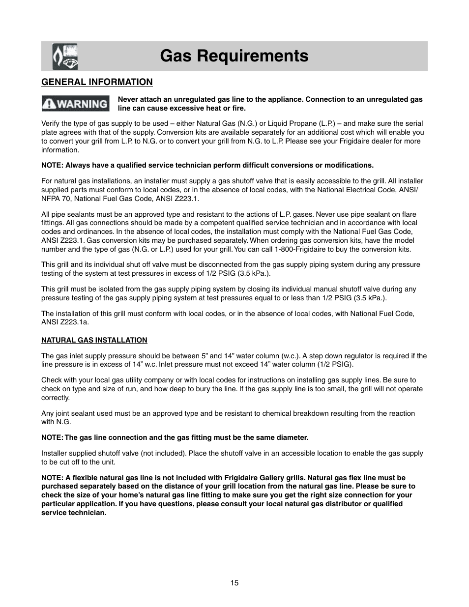 Gas requirements | FRIGIDAIRE Grill with Electronic Ignition User Manual | Page 7 / 20