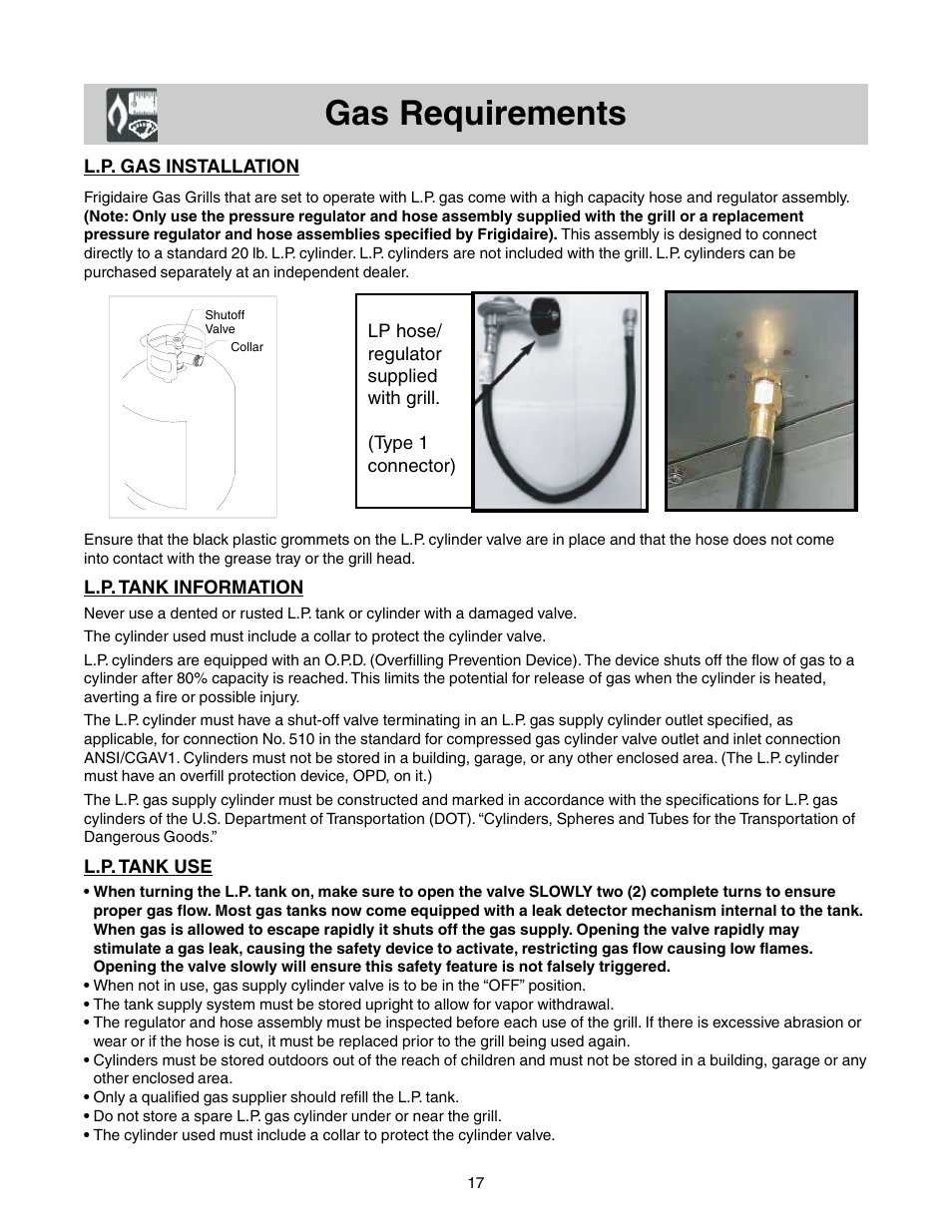Gas requirements | FRIGIDAIRE Grill with Electronic Ignition User Manual | Page 9 / 20