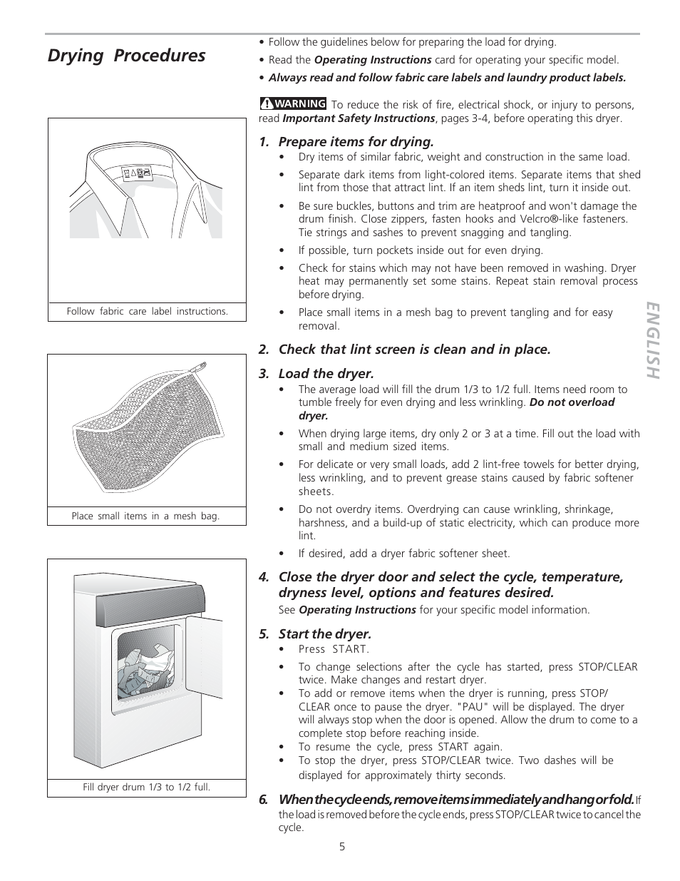 English, Drying procedures | FRIGIDAIRE 134306100A User Manual | Page 5 / 8