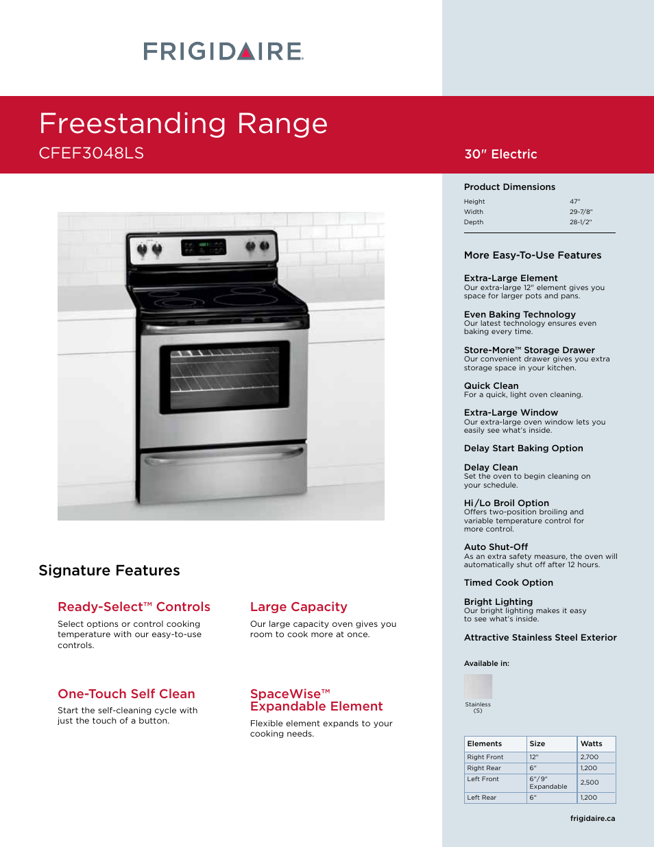 FRIGIDAIRE CFEF3048LS User Manual | 2 pages