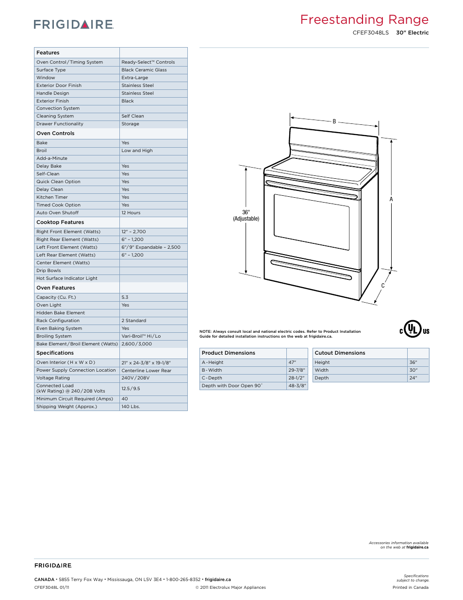 Electric freestanding ranges frigidaire baseline, Freestanding range | FRIGIDAIRE CFEF3048LS User Manual | Page 2 / 2