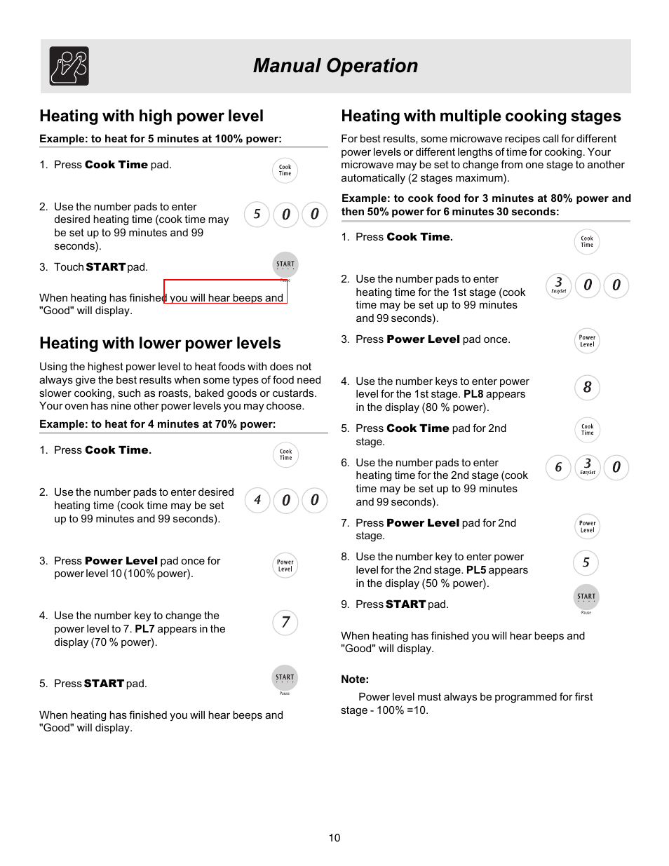 Manual operation, Heating with multiple cooking stages, Heating with high power level | Heating with lower power levels | FRIGIDAIRE 316495057 User Manual | Page 10 / 24