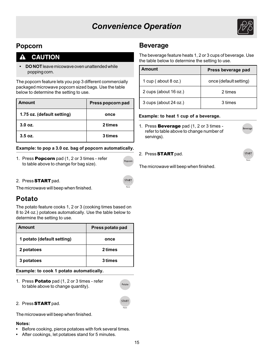 Convenience operation, Beverage, Potato | Popcorn | FRIGIDAIRE 316495057 User Manual | Page 15 / 24