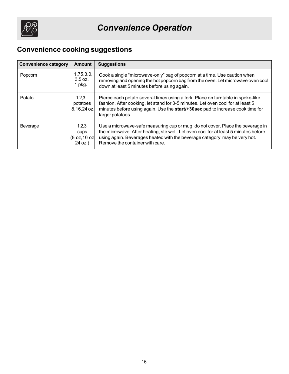 Convenience operation, Convenience cooking suggestions | FRIGIDAIRE 316495057 User Manual | Page 16 / 24