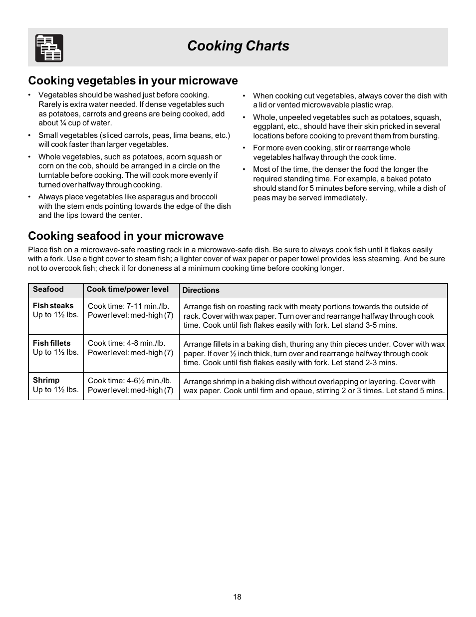 Cooking charts, Cooking vegetables in your microwave, Cooking seafood in your microwave | FRIGIDAIRE 316495057 User Manual | Page 18 / 24