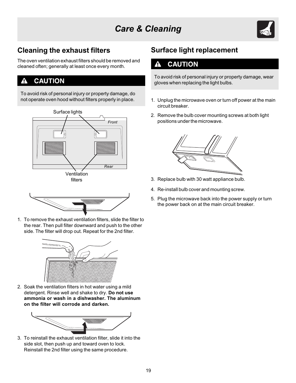 Care & cleaning, Cleaning the exhaust filters, Surface light replacement | FRIGIDAIRE 316495057 User Manual | Page 19 / 24