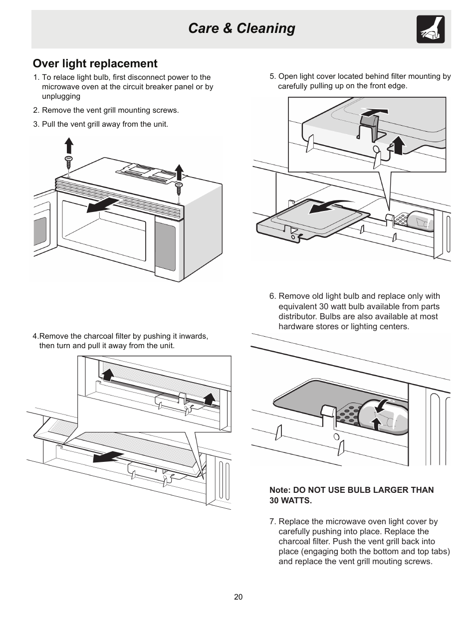 Care & cleaning, Over light replacement | FRIGIDAIRE 316495057 User Manual | Page 20 / 24