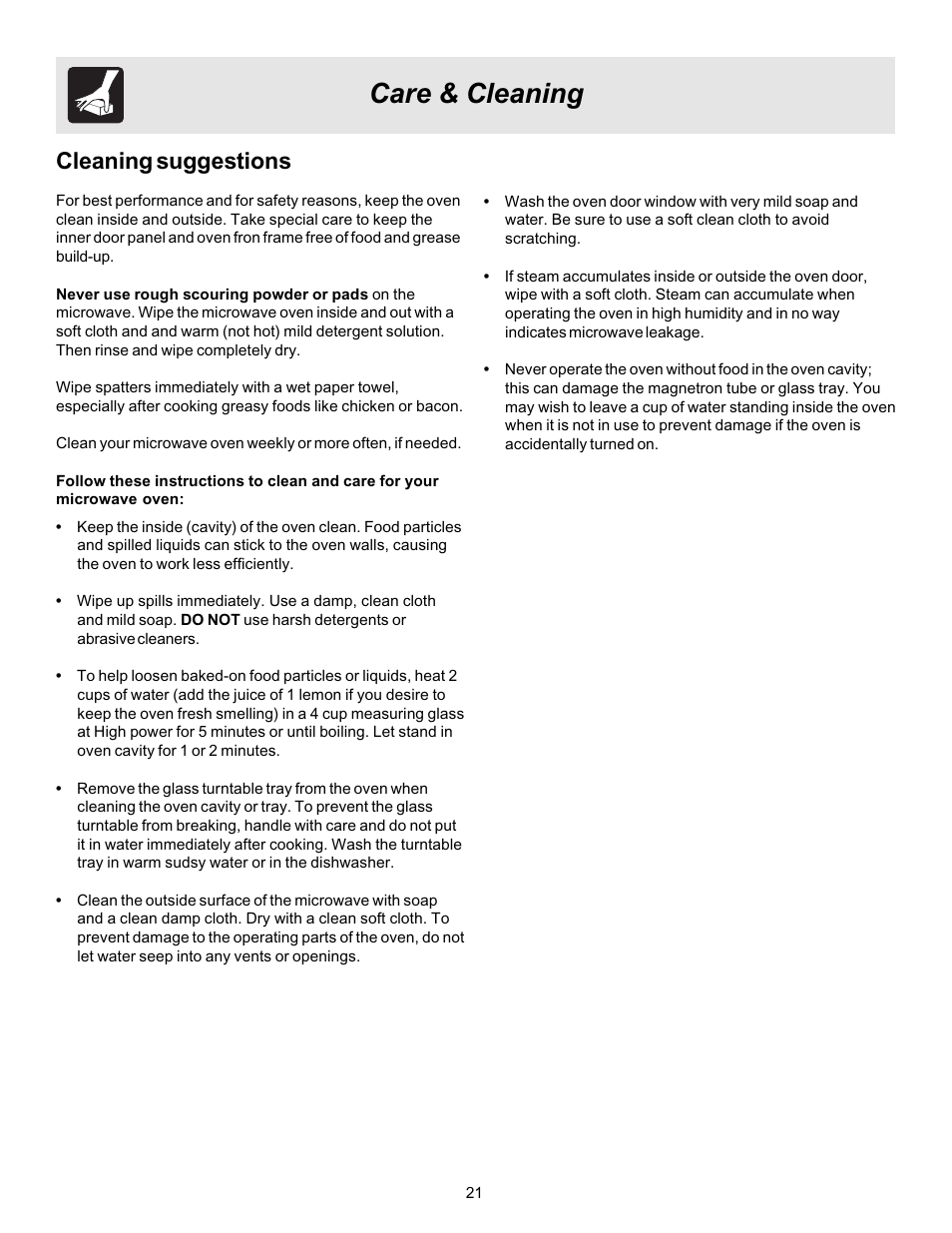 Care & cleaning, Cleaning suggestions | FRIGIDAIRE 316495057 User Manual | Page 21 / 24