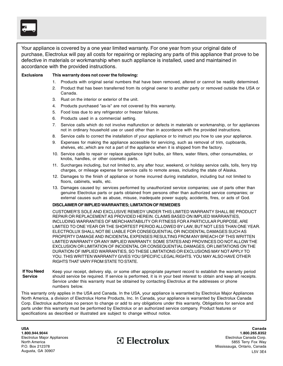 Major appliance warranty information | FRIGIDAIRE 316495057 User Manual | Page 24 / 24