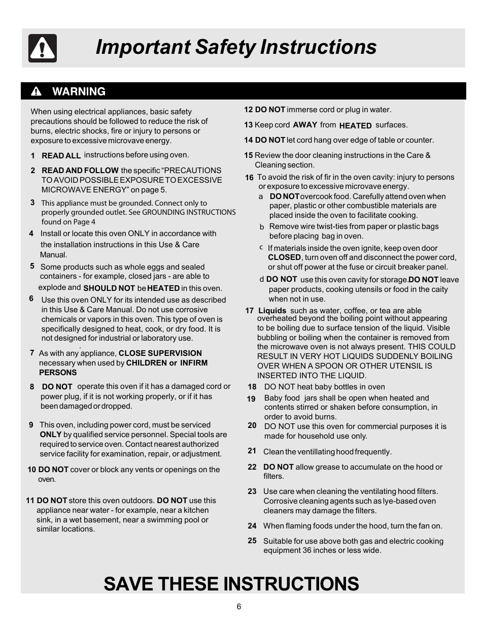 Important safety instructions, Save these instructions | FRIGIDAIRE 316495057 User Manual | Page 6 / 24