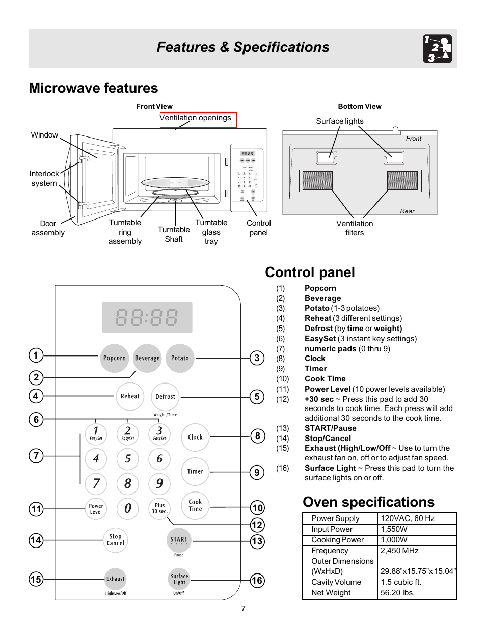 Features & specifications microwave features, Oven specifications control panel | FRIGIDAIRE 316495057 User Manual | Page 7 / 24