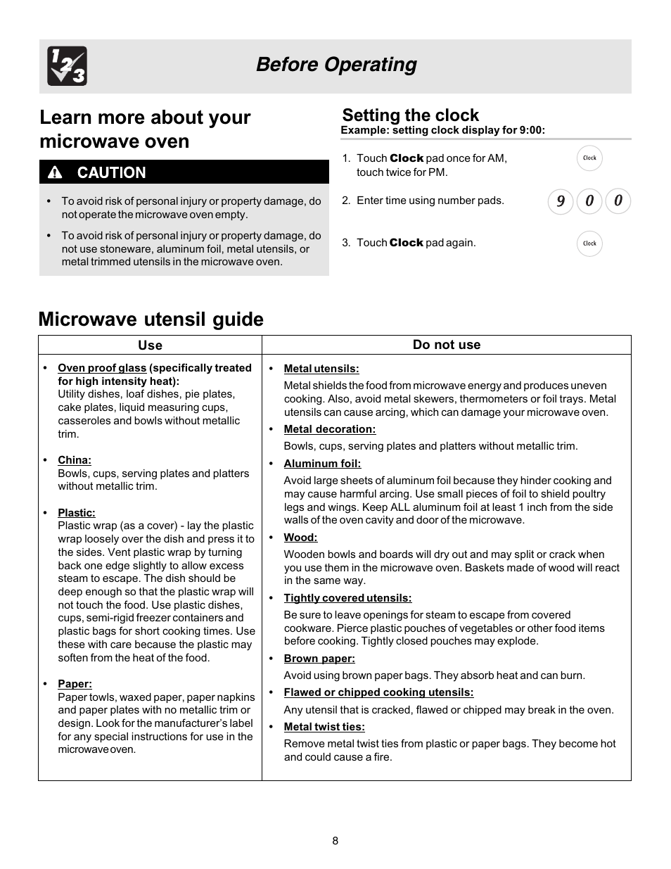 Microwave utensil guide, Setting the clock | FRIGIDAIRE 316495057 User Manual | Page 8 / 24