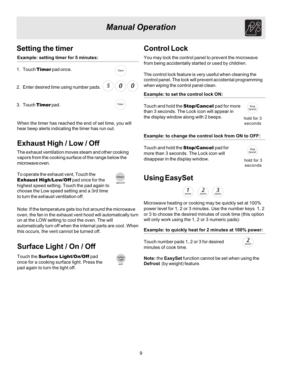 Manual operation, Setting the timer, Exhaust high / low / off | Surface light / on / off, Control lock, Using easyset | FRIGIDAIRE 316495057 User Manual | Page 9 / 24