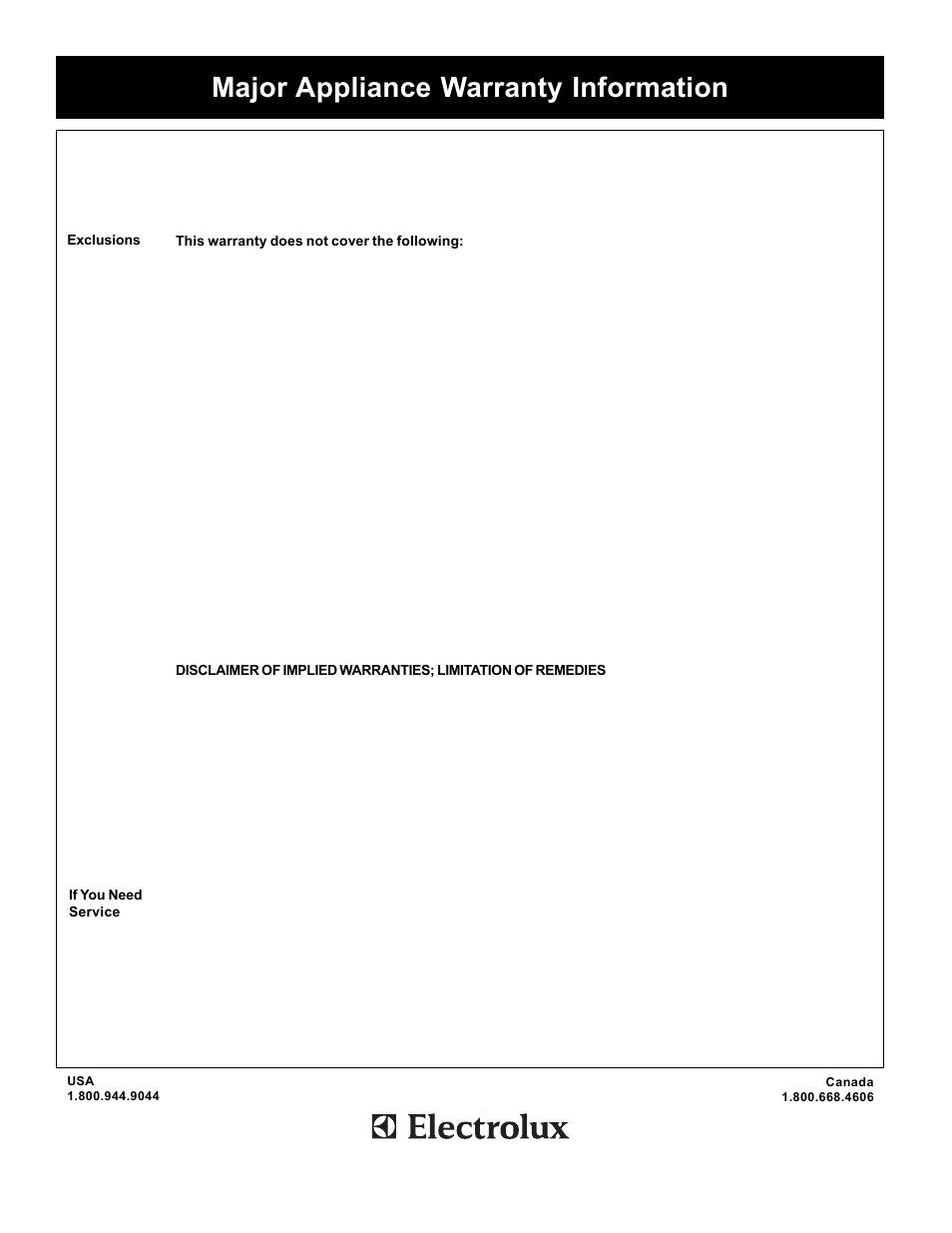 Major appliance warranty information | FRIGIDAIRE 3000 SpeedClean Series User Manual | Page 20 / 20