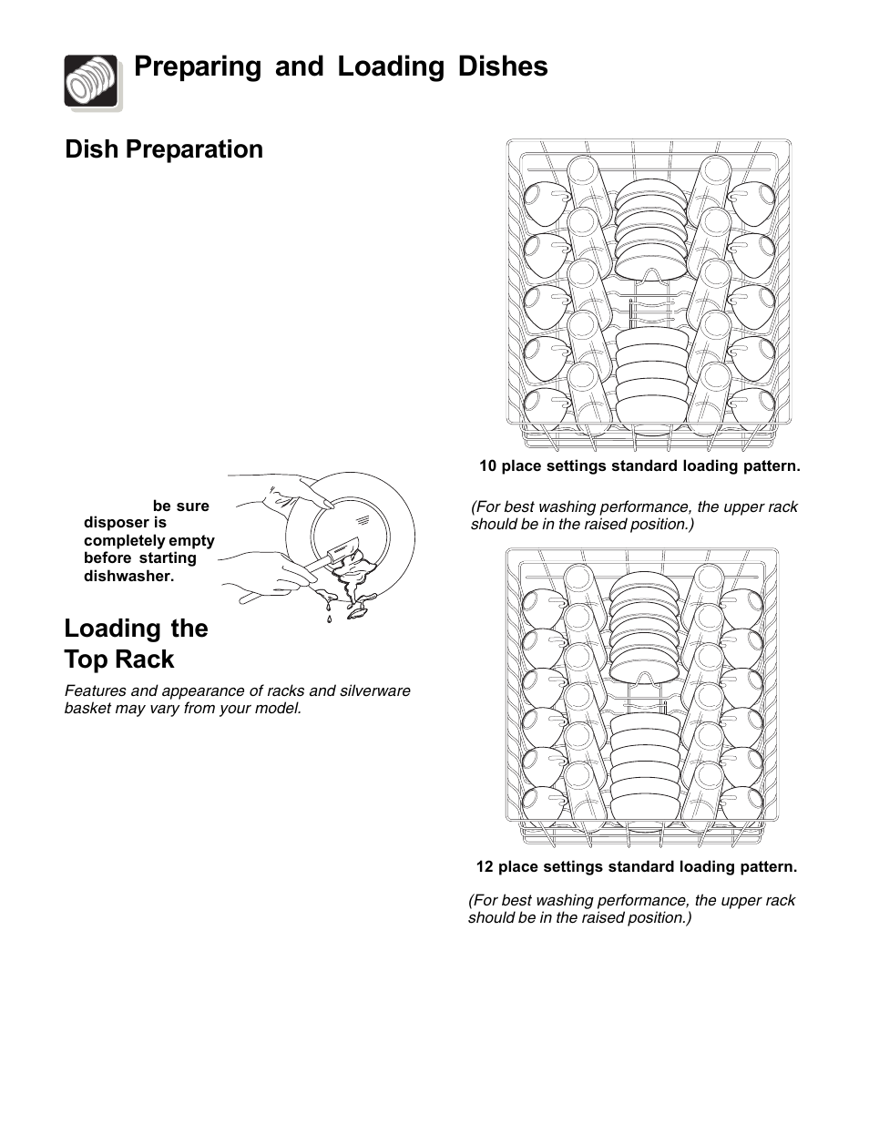 Preparing and loading dishes, Dish preparation, Loading the top rack | FRIGIDAIRE 3000 SpeedClean Series User Manual | Page 9 / 20