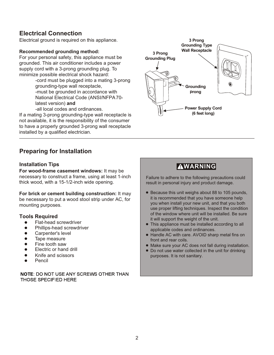 Electrical connection, Preparing for installation, Warning | FRIGIDAIRE 2020213A0362 User Manual | Page 2 / 10