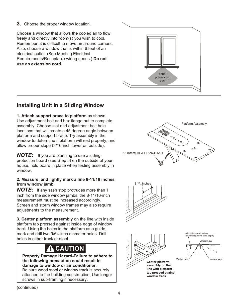 Caution, Installing unit in a sliding window | FRIGIDAIRE 2020213A0362 User Manual | Page 4 / 10