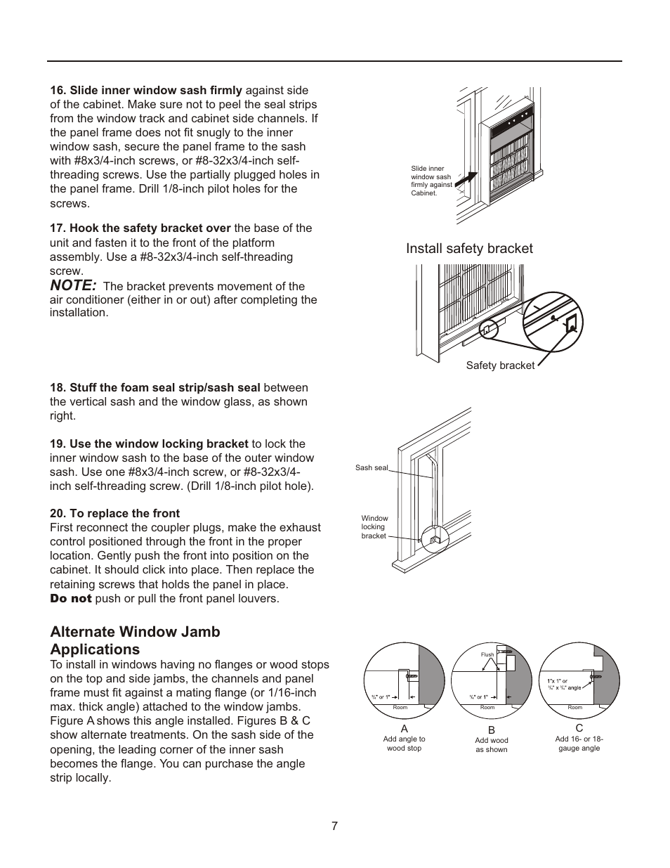 Alternate window jamb applications, Install safety bracket | FRIGIDAIRE 2020213A0362 User Manual | Page 7 / 10