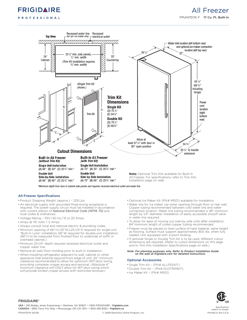 All freezer (17 cu. ft.), Professional, All freezer | With optional ice maker | FRIGIDAIRE FPUH17D7KF User Manual | Page 2 / 3