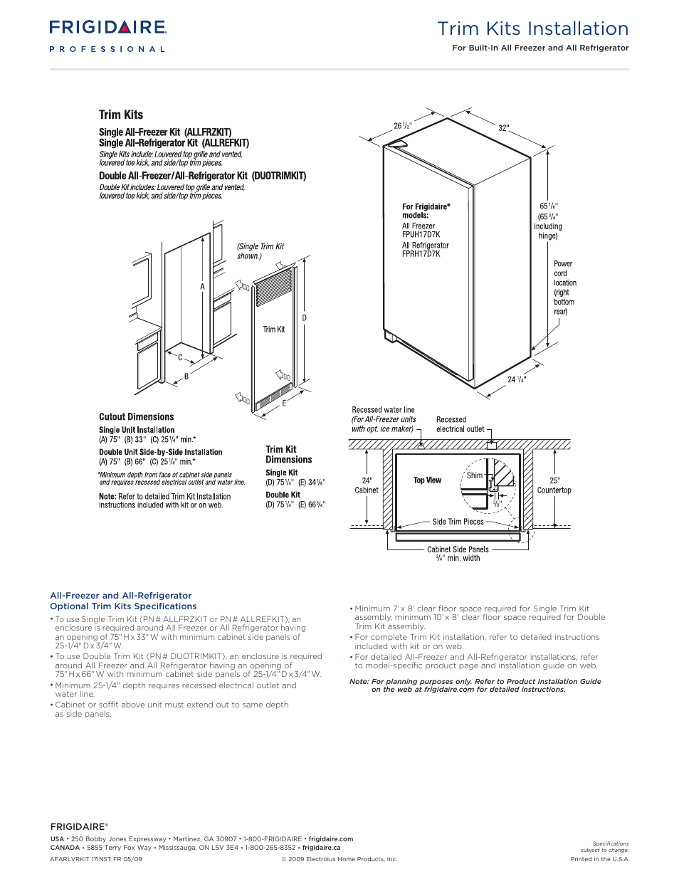 All freezer_all refrigerator trim kit frigidaire, Trim kits installation | FRIGIDAIRE FPUH17D7KF User Manual | Page 3 / 3