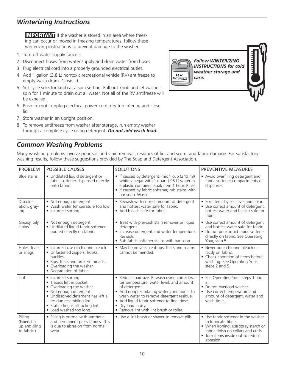 Winterizing instructions, Common washing problems | FRIGIDAIRE 137153200A User Manual | Page 10 / 14