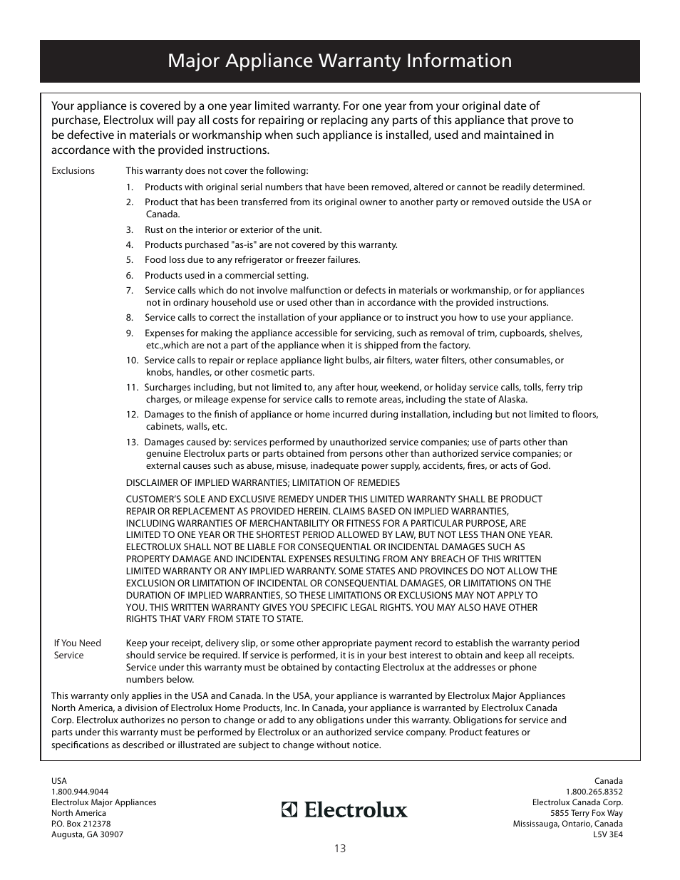 Major appliance warranty information | FRIGIDAIRE 137153200A User Manual | Page 13 / 14