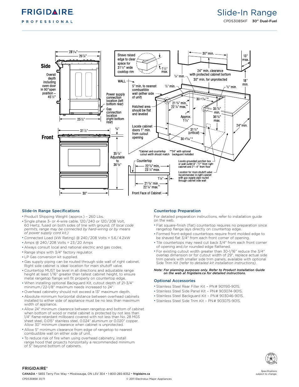 30" dual-fuel slide-in range professional, Slide-in range | FRIGIDAIRE 30" DUAL-FUEL CPDS3085KF User Manual | Page 2 / 2